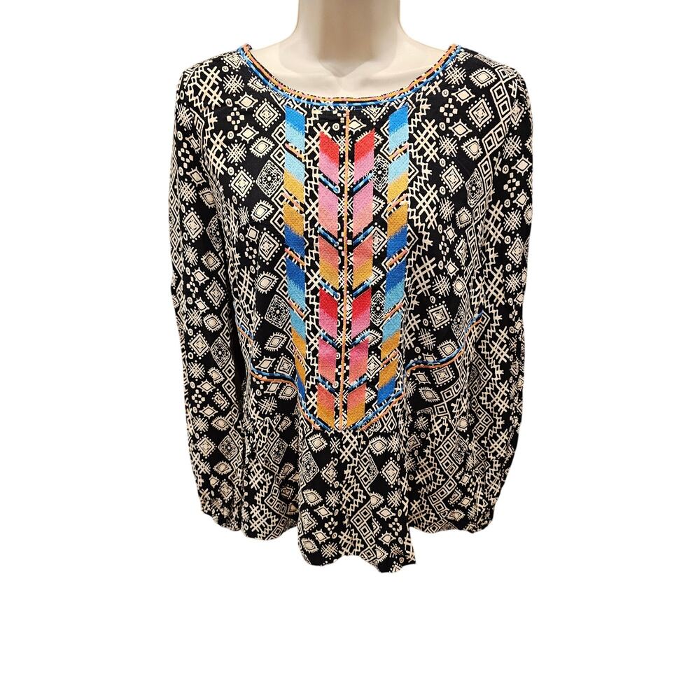 NWT savanna jane boho black white smocked peasant top long sleeve sz M relaxed